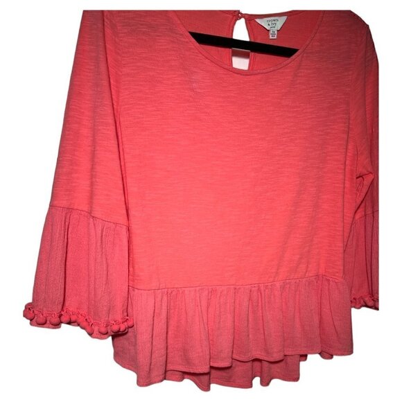 Crown & Ivy Coral Pink Peplum Ruffle Top with Pom Pom Bell Sleeve Trim  Size MP - Picture 7 of 8